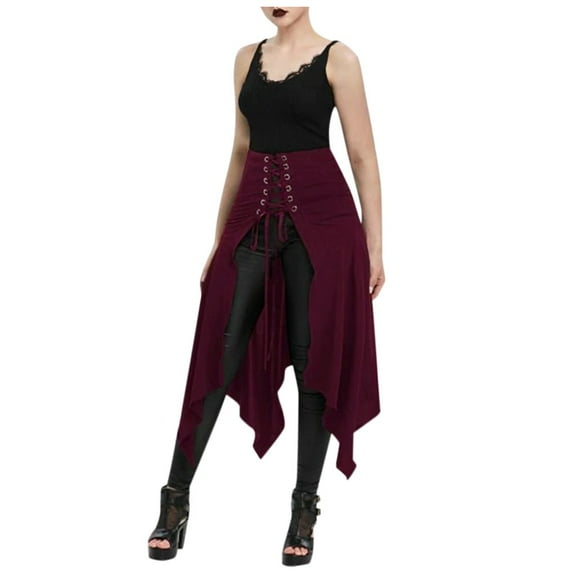 Fesfesfes Skirts for Women Halloween Gothic Punk Asymmetric Lace-up Slit Front Skirt A-Line Skirt