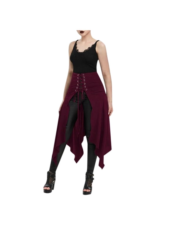 Skirts for Women Halloween Gothic Punk Asymmetric Lace-up Slit Front Skirt A-Line Skirt