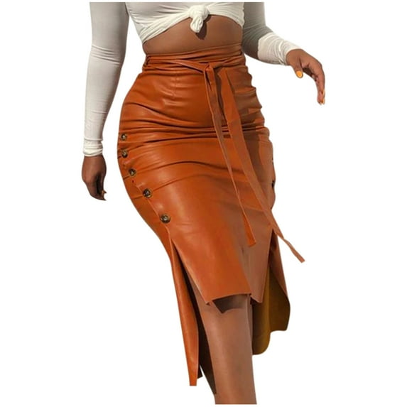 Fesfesfes Skirts for Women High Waist Casual Ladies Solid Button Mini Fit Leather Skirts