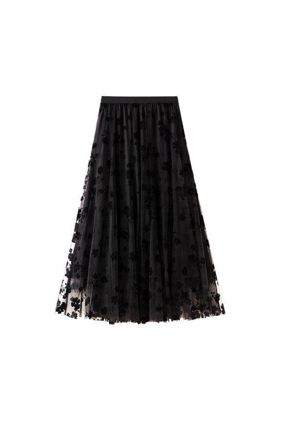 Skirts for Women Long Tulle Tutu Skirt 3D Flower Embroidery Solid Color High Waist Mesh Midi Swing Skirt