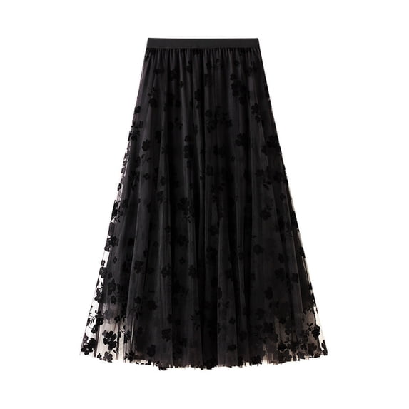 Fesfesfes Skirts for Women Long Tulle Tutu Skirt 3D Flower Embroidery Solid Color High Waist Mesh Midi Swing Skirt