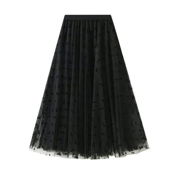 Fesfesfes Skirts for Women Long Vintage Tulle Tutu Skirt Butterfly Flocking High Waist Mesh Pleated A-Line Swing Skirt