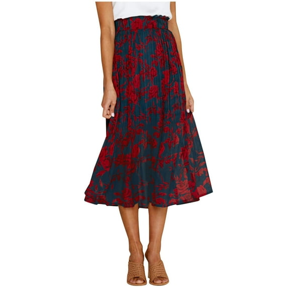 Fesfesfes Skirts for Women Print Casual Ruched Ruffles Pocket Elastic Waist Bohemian Style Skirts