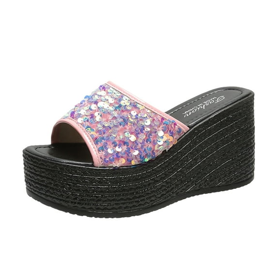 Fesfesfes Slide Matsu Heel Thick Sole Slope Heel Women's Shoes Breathable Slip-on Beach Sandals 7(39)