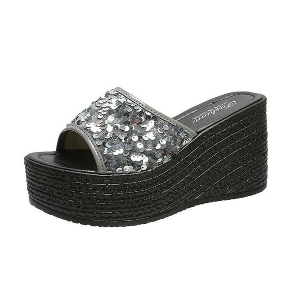 Fesfesfes Slide Matsu Heel Thick Sole Slope Heel Women's Shoes Breathable Slip-on Beach Sandals 7(39)