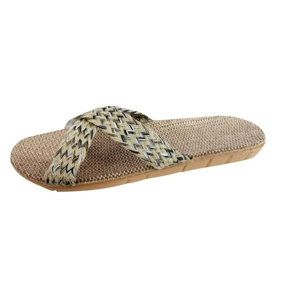 Fesfesfes Slide Sandals For Women Fashion Women Casual Round Head Woven FlaxComfy Sandals Flat Bottom Beach Casual Shoes 8.5(41)