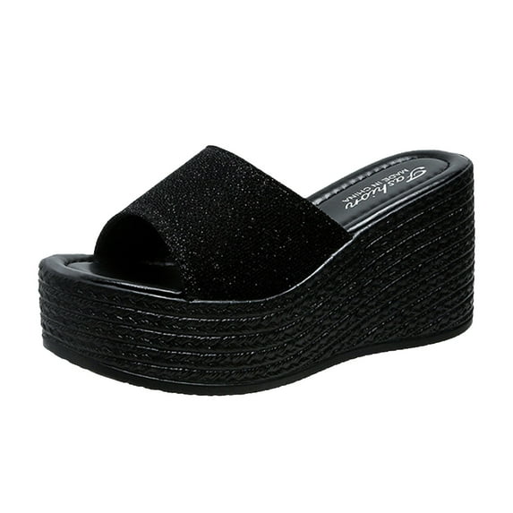 Fesfesfes Slide Sandals Women Matsu Heel Thick Sole Slope Heel Women's Shoes Breathable Slip-on Beach Sandals 4.5(35)