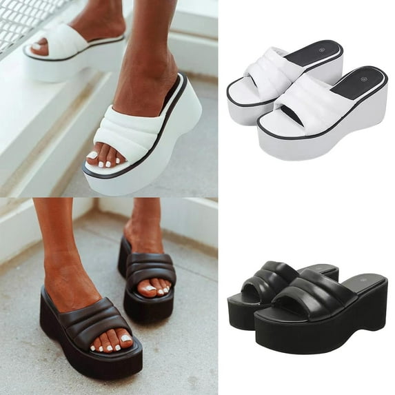 Fesfesfes Slide Sandals Women's Thick Soled Slippers Comfortable Sandals Thick Heeled Sloping Heel Flip Flops 7(39)