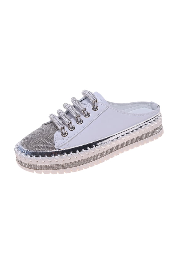 Slides For Women's Baotou Half Slippers Flat Bottom Rhinestone Thick Sole One Foot Pedal Shoes 4.5(35)