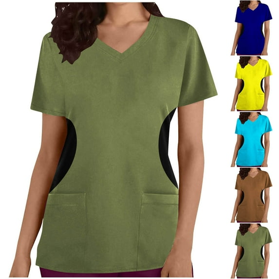 Fesfesfes Soft T Shirt Women's Fashion Short Sleeve V-Neck Tops Working Uniform Printing Pocket Blouse Tops V Neck T Shirts for Women 4(S)
