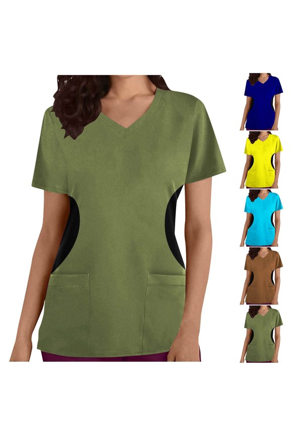 Soft T Shirt Women's Fashion Short Sleeve V-Neck Tops Working Uniform Printing Pocket Blouse Tops V Neck T Shirts for Women 8(L)