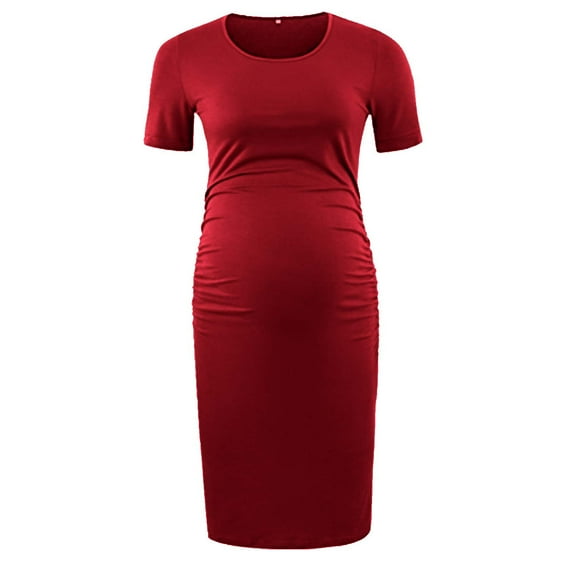 Fesfesfes Solid Color Nursing Dress Short Sleeve Comfortable Breastfeeding Maternity Dress for Women Everyday Pregnancy Wear(Red,M)
