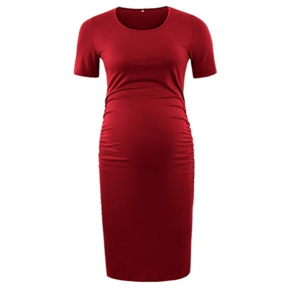 Fesfesfes Solid Color Nursing Dress Short Sleeve Comfortable Breastfeeding Maternity Dress for Women Everyday Pregnancy Wear(Red,S)