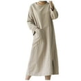 thumbnail image 1 of Fesfesfes Spring Dress for Women Literary Retro Long Sleeve Dress Casual Round Neck Elegant Solid Color Dress with Pocket, 1 of 8