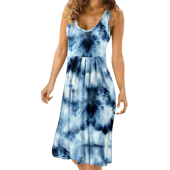 Fesfesfes Spring Dress for Women Low Cut Boat Neck Vest Dress Tie Dye Print Sleeveless Mini Dress Loose Casual Knee Length Sun Dress