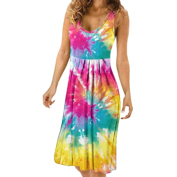 Fesfesfes Spring Dress for Women Low Cut Boat Neck Vest Dress Tie Dye Print Sleeveless Mini Dress Loose Casual Knee Length Sun Dress