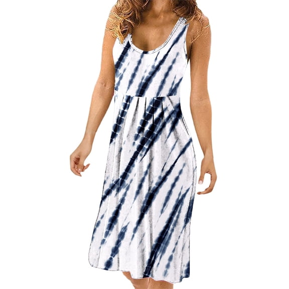 Fesfesfes Spring Dress for Women Low Cut Boat Neck Vest Dress Tie Dye Print Sleeveless Mini Dress Loose Casual Knee Length Sun Dress