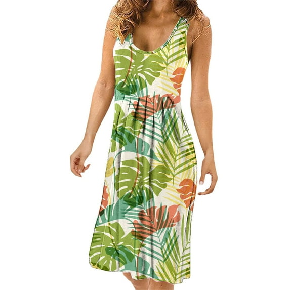 Fesfesfes Spring Dress for Women Low Cut Boat Neck Vest Dress Tie Dye Print Sleeveless Mini Dress Loose Casual Knee Length Sun Dress