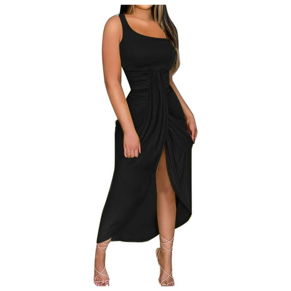 Fesfesfes Spring Dress for Women One Shoulder Tube Top Dress Casual Front Split Evening Dress Pleated Cocktail Party Dress