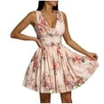thumbnail image 1 of Fesfesfes Spring Dress for Women V-neck Hollow V Back Mini Dress Waist Pleated Floral Print Boho Dress Back Lace Up Zipper Up Sleeveless Dress, 1 of 9