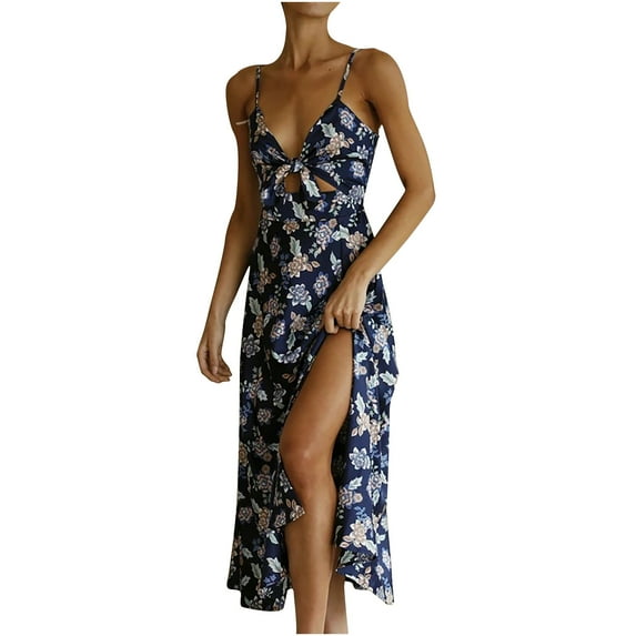 Fesfesfes Spring Dresses for Women Casual Backless Chest Lace Up Camis Dress Hollow Out Waist Low Cut Long Dress High Slit Floral Print Boho Beach Dress