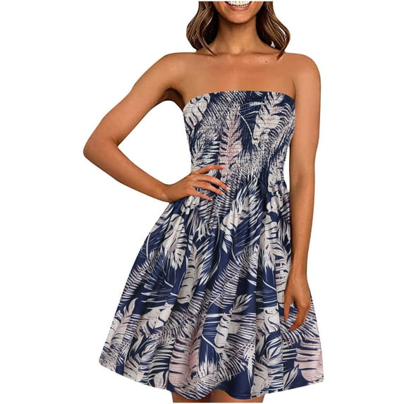 Fesfesfes Spring Dresses for Women Tube Bohemian Style Mini Dresses Off Shoulder Sleeveless Dress Casual Floral Print Corset Patchwork Pleated Beach Dress