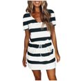 thumbnail image 1 of Fesfesfes Spring Dresses for Women Basic Strip Print Mini Dress Casual Short Sleeve V Neck Dress Drawstring Sun Dress with Pockets, 1 of 6