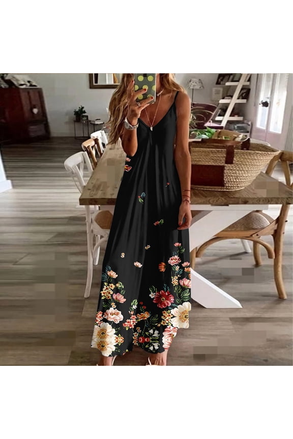 Spring Dresses for Women Casaul Sleeveless Camis Dress Loose V-Neck Sling Beach Dress Floral Print Boho Long Dress