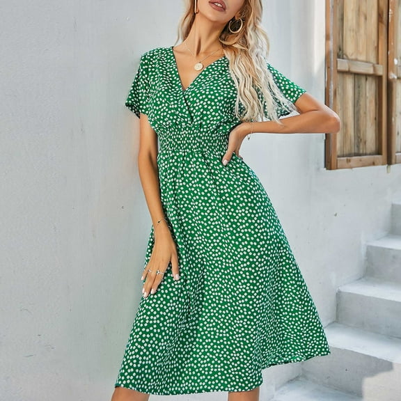 Fesfesfes Spring Dresses for Women Casual Short Sleeve V-Neck Floral Print Boho Dresses Vacation Beach Sun Dress