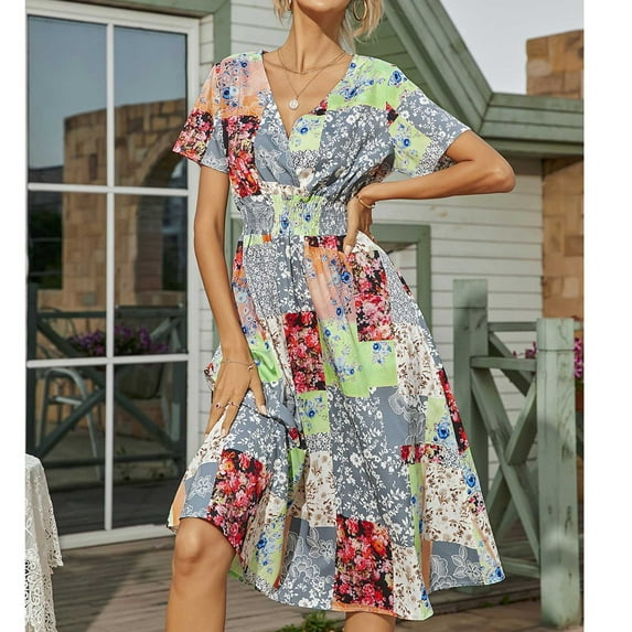 Fesfesfes Spring Dresses for Women Casual Short Sleeve V-Neck Floral Print Boho Dresses Vacation Beach Sun Dress