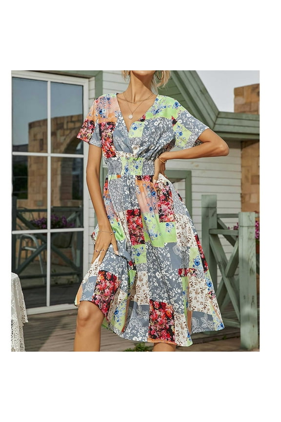 Spring Dresses for Women Casual Short Sleeve V-Neck Floral Print Boho Dresses Vacation Beach Sun Dress