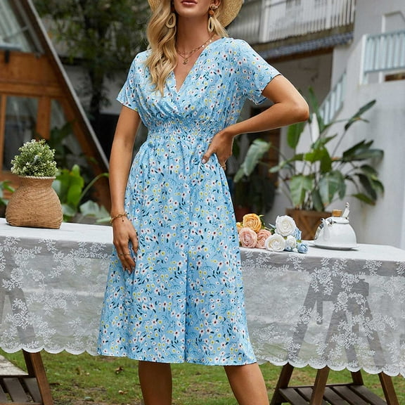Fesfesfes Spring Dresses for Women Casual Short Sleeve V-Neck Floral Print Boho Dresses Vacation Beach Sun Dress