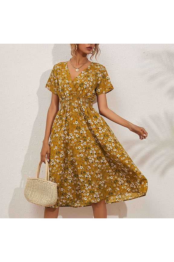 Spring Dresses for Women Casual Short Sleeve V-Neck Floral Print Dresses Beach Boho Midi Dress