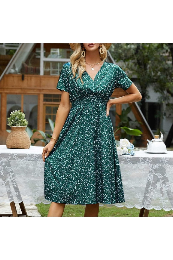 Spring Dresses for Women Casual Short Sleeve V-Neck Floral Print Dresses Beach Boho Midi Dress