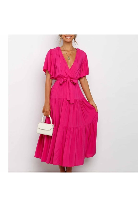 Spring Dresses for Women Casual Solid Color V-neck Boho Dress Waist Lace-up Flared Short Sleeve Ruffle Splicing Part Dress