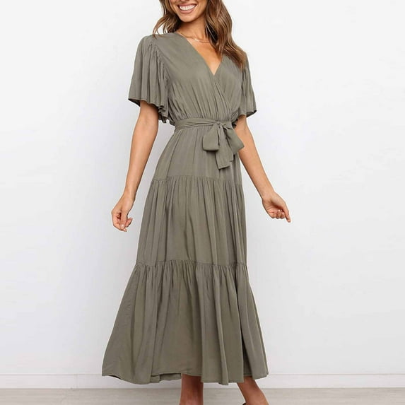 Fesfesfes Spring Dresses for Women Casual Solid Color V-neck Boho Dress Waist Lace-up Flared Short Sleeve Ruffle Splicing Part Dress