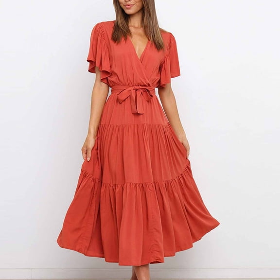 Fesfesfes Spring Dresses for Women Casual Solid Color V-neck Boho Dress Waist Lace-up Flared Short Sleeve Ruffle Splicing Part Dress