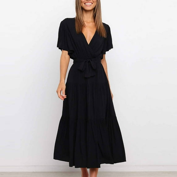 Fesfesfes Spring Dresses for Women Casual Solid Color V-neck Boho Dress Waist Lace-up Flared Short Sleeve Ruffle Splicing Part Dress