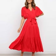 Fesfesfes Spring Dresses for Women Casual Solid Color V-neck Boho Dress Waist Lace-up Flared Short Sleeve Ruffle Splicing Part Dress