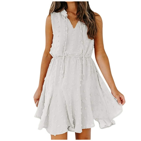 Fesfesfes Spring Dresses for Women Chiffon Pom Pom V-Neck Drawstring Dress Casual Solid Color Sleevless Beach Dress Short Skirt Mini Sun Dress