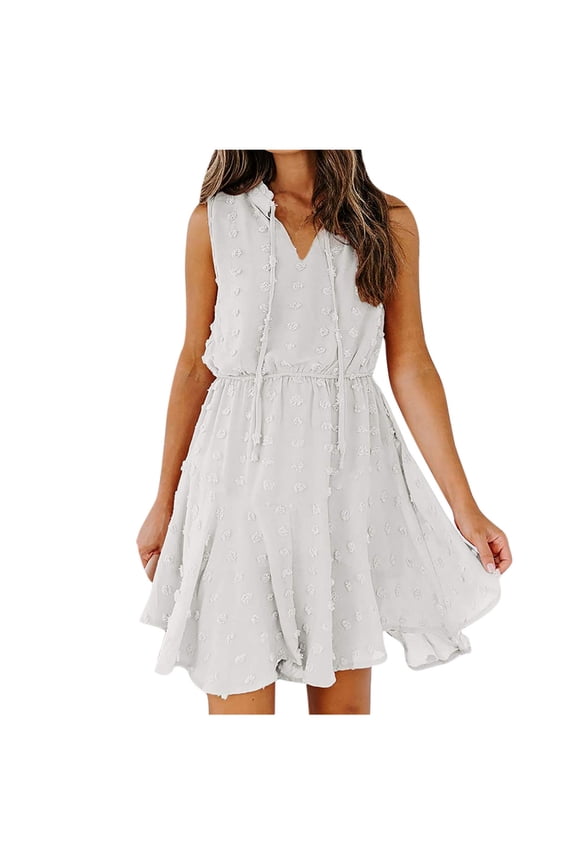 Spring Dresses for Women Chiffon Pom Pom V-Neck Drawstring Dress Casual Solid Color Sleevless Beach Dress Short Skirt Mini Sun Dress