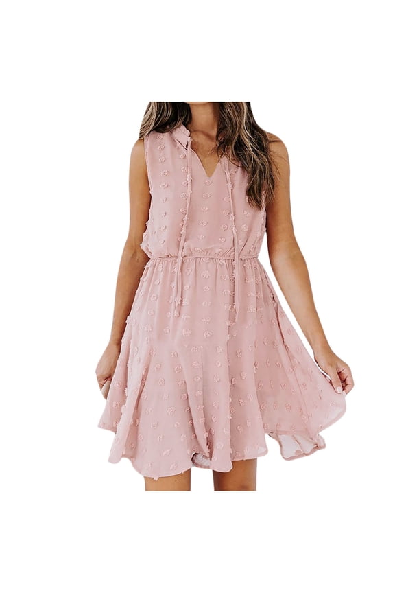 Spring Dresses for Women Chiffon Pom Pom V-Neck Drawstring Dress Casual Solid Color Sleevless Beach Dress Short Skirt Mini Sun Dress