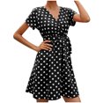 thumbnail image 1 of Fesfesfes Spring Dresses for Women Dot Print Short Sleeve Dress Lace Up Tight Waist V Neck Mini Dress Beach Sun Dress Ruffled Flowy Knee Length Dress, 1 of 5
