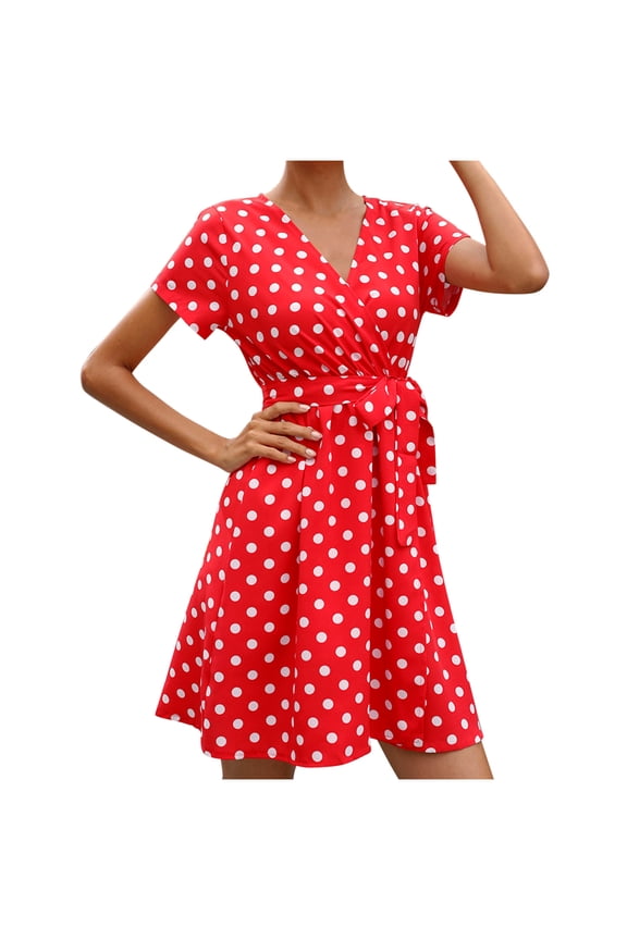 Spring Dresses for Women Dot Print Short Sleeve Dress Lace Up Tight Waist V Neck Mini Dress Beach Sun Dress Ruffled Flowy Knee Length Dress