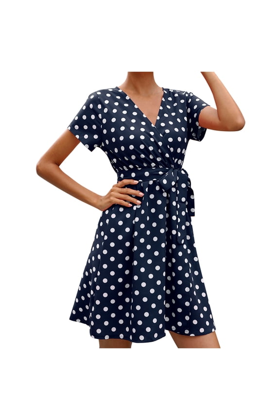 Spring Dresses for Women Dot Print Short Sleeve Dress Lace Up Tight Waist V Neck Mini Dress Beach Sun Dress Ruffled Flowy Knee Length Dress