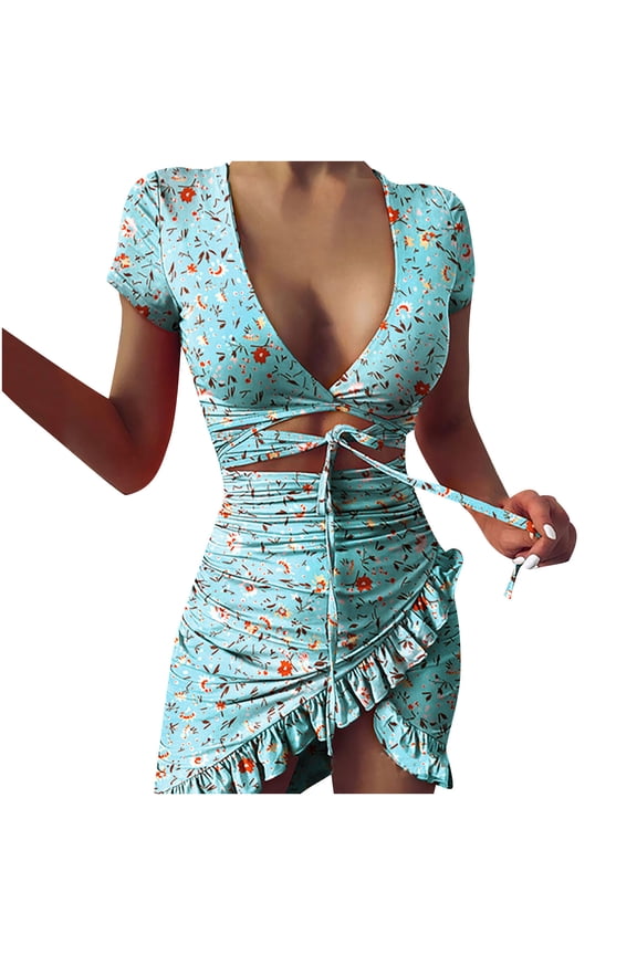 Spring Dresses for Women Floral Print Boho Dress Asymmetrical Hem Mini Dress Short Basic Mini Deep V Neck Club Dress