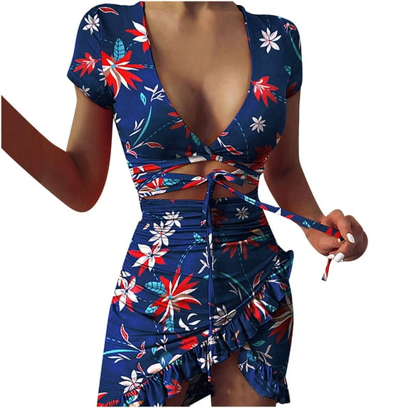 Fesfesfes Spring Dresses for Women Floral Print Boho Dress Asymmetrical Hem Mini Dress Short Basic Mini Deep V Neck Club Dress