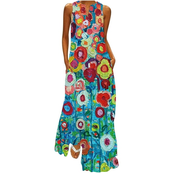 Fesfesfes Spring Dresses for Women Floral Print Boho Dress Loose Casual Sleeveless Long Dress V Neck Beach Vest Dress with Pocket