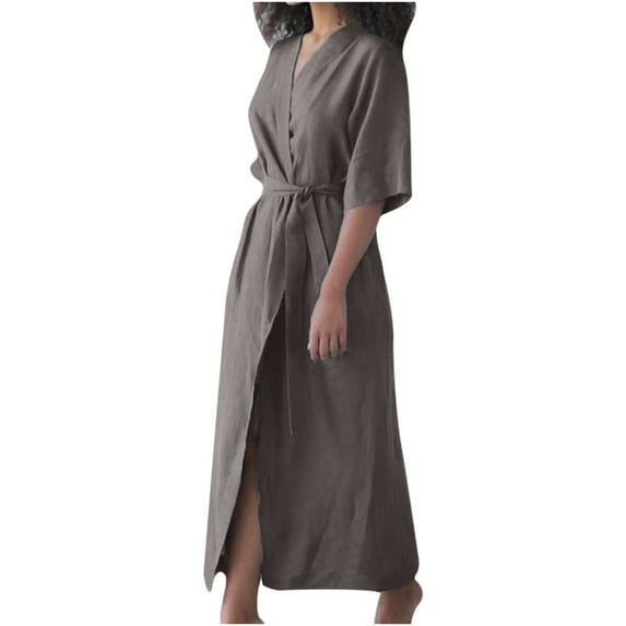 Fesfesfes Spring Dresses for Women Long Sleeve Linen Dress Bathrobe Style Lace Up Cardigan Dress