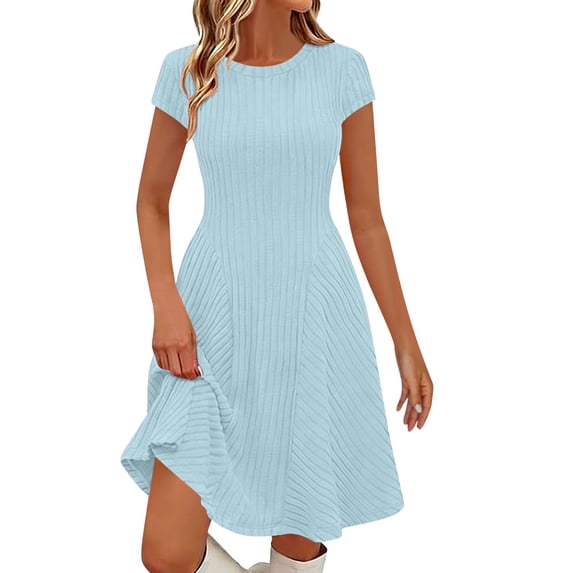 Fesfesfes Spring Dresses for Women Loose Solid Color Flared Short Sleeve Dress Causal Round Neck Ruffle Pleated Midi Dress Summer V Neck Clothes